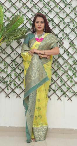 Lemon Color Jacquard Border Lichi Silk Saree