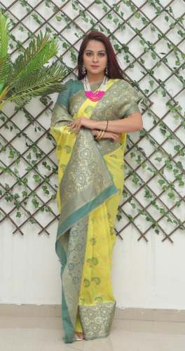 Lemon Color Jacquard Border Lichi Silk Saree by Avira Fab