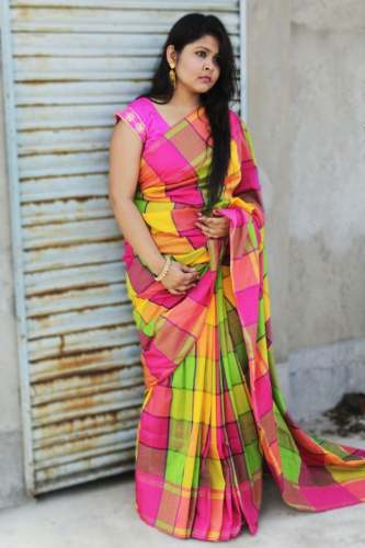 Checkered Khadi Cotton Multi Color Saree