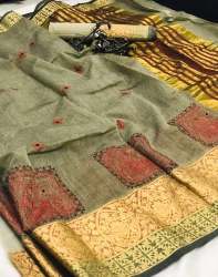  Kashmiri Work thread With Lenin silk saree