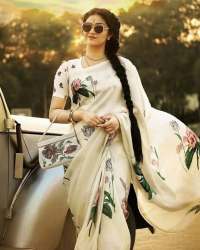 OFF WHITE COLOR LINEN DIGITAL PRINTED SAREE