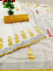 LINEN COTTON SAREE WITH MIRROR PALLU