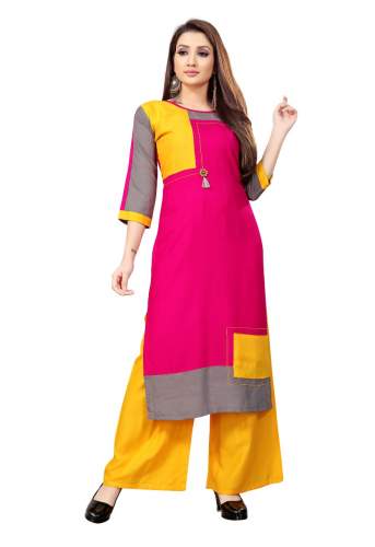 RAYON PINK KURTI WITH YELLOW PLAZO