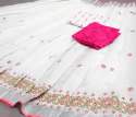 WHITE COLOUR LINEN SAREE WITH BIG BUTTA thumb 2