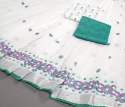 WHITE COLOUR LINEN SAREE WITH BIG BUTTA thumb 3