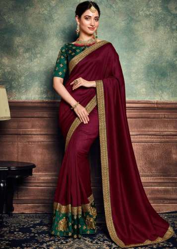 Plain Heavy Embroidered Bordered Silk Saree  by hari krishna metallic