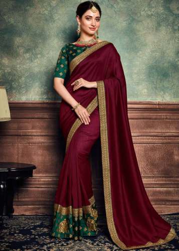 Plain Heavy Embroidered Bordered Silk Saree 