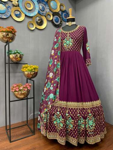 Exclusive Embroidered Gown with Floral Dupatta