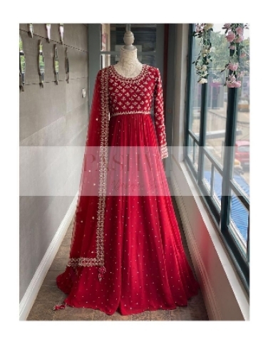 RED DESIGNER WORK GOWN WITH DUPATTA by dress me collection