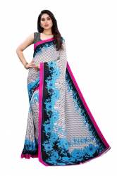 Blue And White Flower Printed Saree