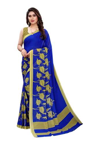 Blue Leaf Printed Georgette Saree