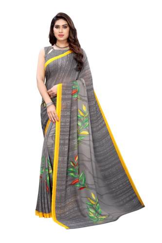 New Grey Georgette Saree With Leaf Printed