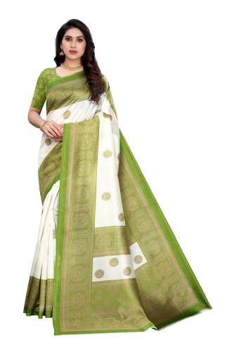 White Art Silk Saree With Multi Color Border by Maheshwar Fashion