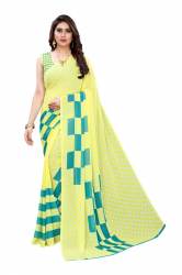Yellow And Blue Box Printed Georgette Saree