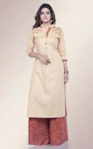 Beige Linen Straight Cut Kurti And Palazzo Set by Fidaindia A Brand Of Dressing Trendz Private Limited 