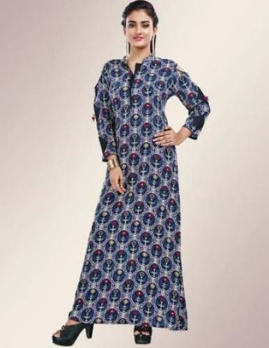 Blue Rayon Printed A Line Long Kurti