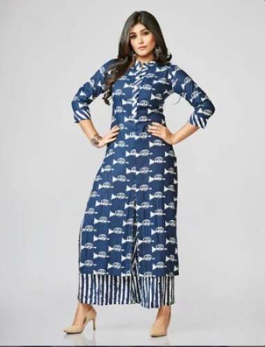 Blue Rayon Straight Cut Palazzo Set by Fidaindia A Brand Of Dressing Trendz Private Limited 