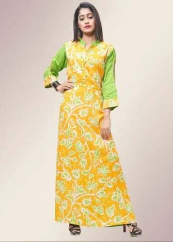 Yellow and Green Cotton Printed A Line Long Kurti