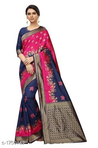Fancy Pink And Blue Jacquard Silk Saree by Kiran Online Shop