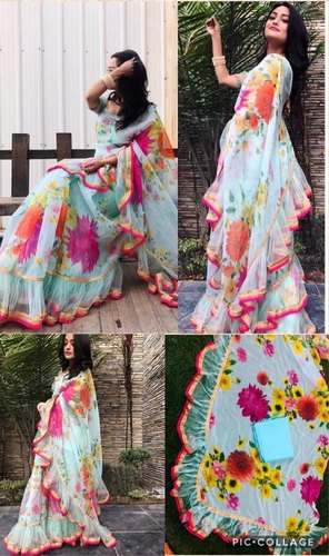 Fancy Georgette Printed Ruffle Net Saree by Dileep Rajpurohit