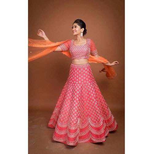 Semi Stitched Orange Embroidered Lehenga choli by Dileep Rajpurohit