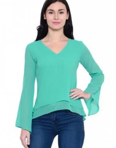 Regular Wear V Neck Plain Long Sleeve Top 