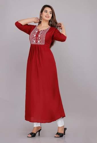 Red Rayon Printed Kurtis With Pant
