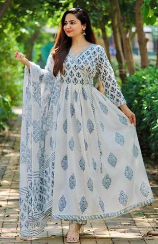 White Long Kurti With Dupatta by Maa Apparels And Designers