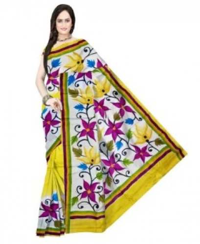 Pure Murshidabad Silk Yellow Hand Painted Saree 