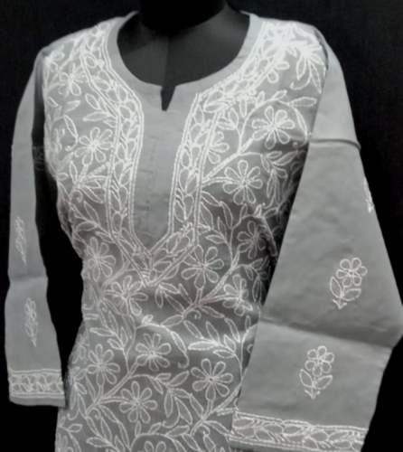 Grey Chikan Embroidery Kurti For Women