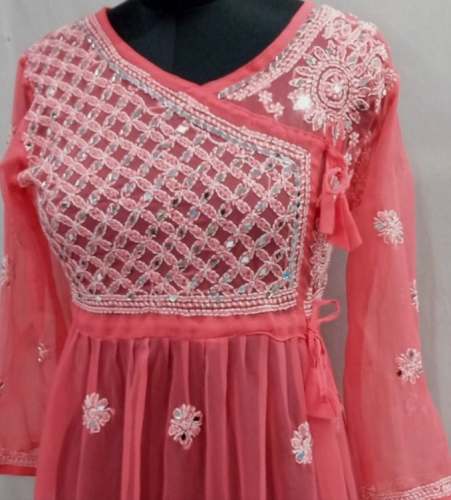 Mirror Work Chikankari Angrakha Kurti At Wholesale by Lucknow Chikan Factory