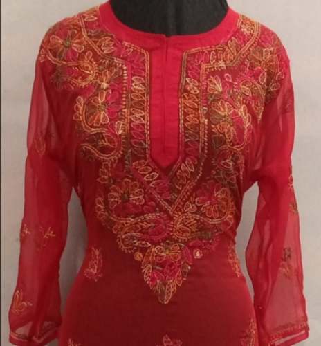Red Chiffon Chikankari Kurti At Wholesale Rate