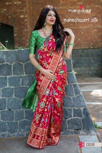 Stylish red Maheshwari Silk Saree by Karma Fresh Looks Private Limited