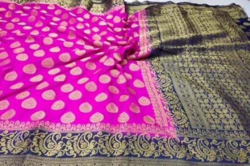 Pink and Blue Dola Silk Saree in Varanasi  by Sidra Fabrics