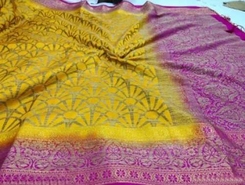 Yellow and Pink Khicha Silk Saree  by Sidra Fabrics