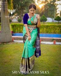 Blue and Sea Green Kanchi Silk Saree in Bidar