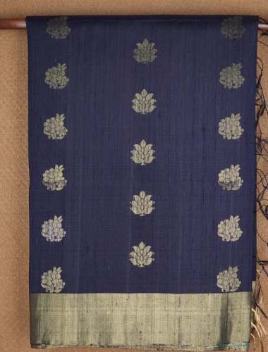 Floral Zari Motifs Navy Blue Raw Silk Saree by Sundari Silks