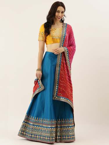 Blue Colour Satin Silk A-line Semistitched Lehenga by Jiyanshi International