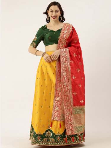Mustard Yellow Satin Silk Embroidered Lehenga by Jiyanshi International