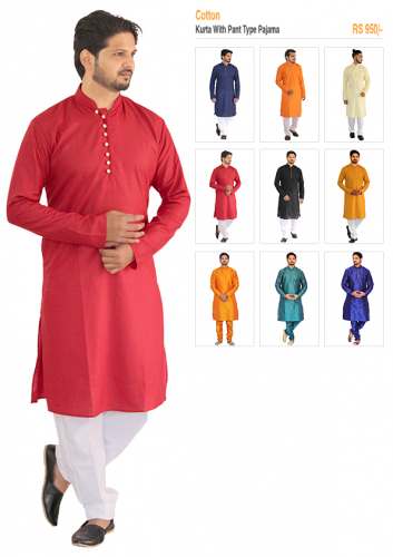 Cotton Navy Blue Kurta With Pant Type Pajama by Om Shubh Mangalam