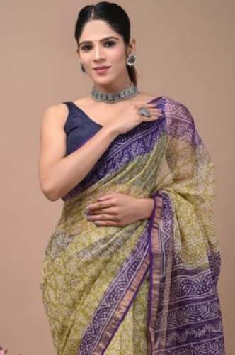 Block Printed Kota Doria Ajrakh Saree  by Rahul online deal