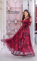 Ladies Red Floral Printed Georgette Gown 