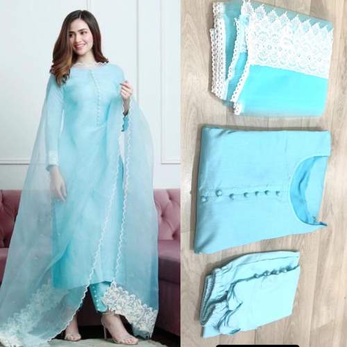 SKY BLUE CHANDERI  PAKISTANI SUIT by Ram Fashion