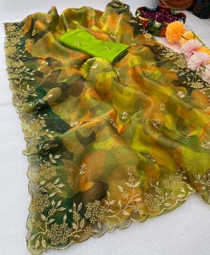 Multi Color Soft Organza With Embroidery Work Sari