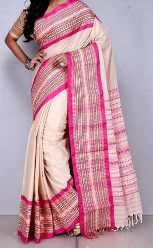 Light Cream and Pink Cotton Festive Wear Saree by Aahelis Creation