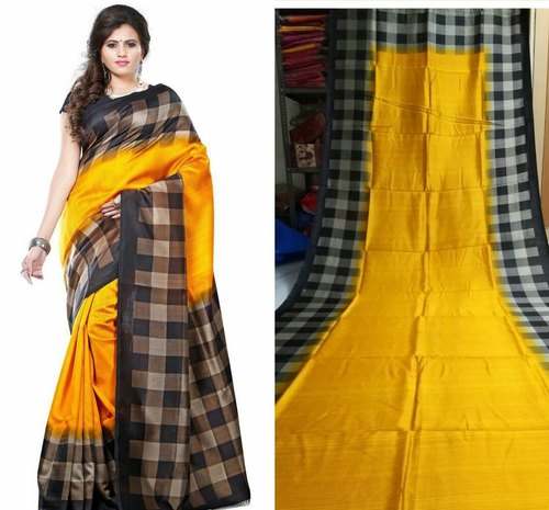 Yellow Checkered Silk Cotton Saree  by Aahelis Creation