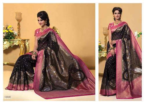 Party wear Black Katan Silk Jute Saree