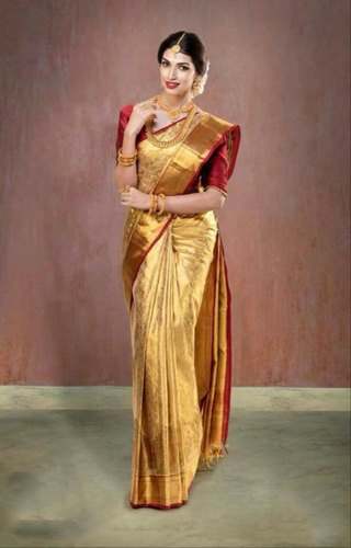 Pure Silk Golden Kanjivaram bridal saree by Mohan Textile