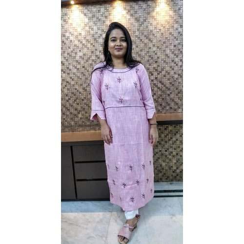 Light Pink Embroidered Cotton Kurti  by O S Enterprise