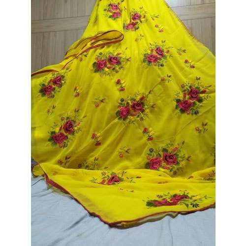 Sunny Yellow Embroidered Thread Work Saree by O S Enterprise
